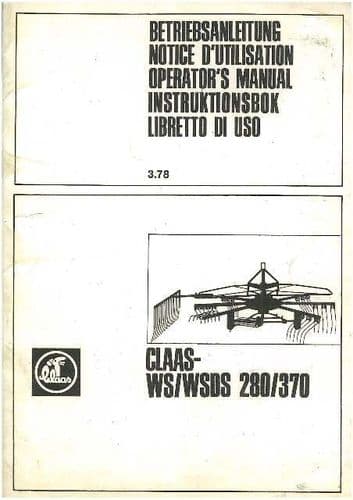 Claas Rake WS280 WSDS280 WSDS370 Operators Manual