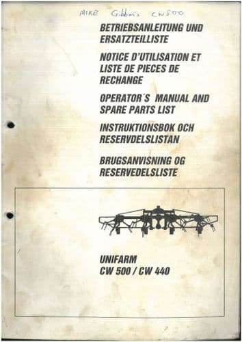 Claas Unifarm CW500 & CW440 Hay Tedder Operators Manual and Parts List - ORIGINAL