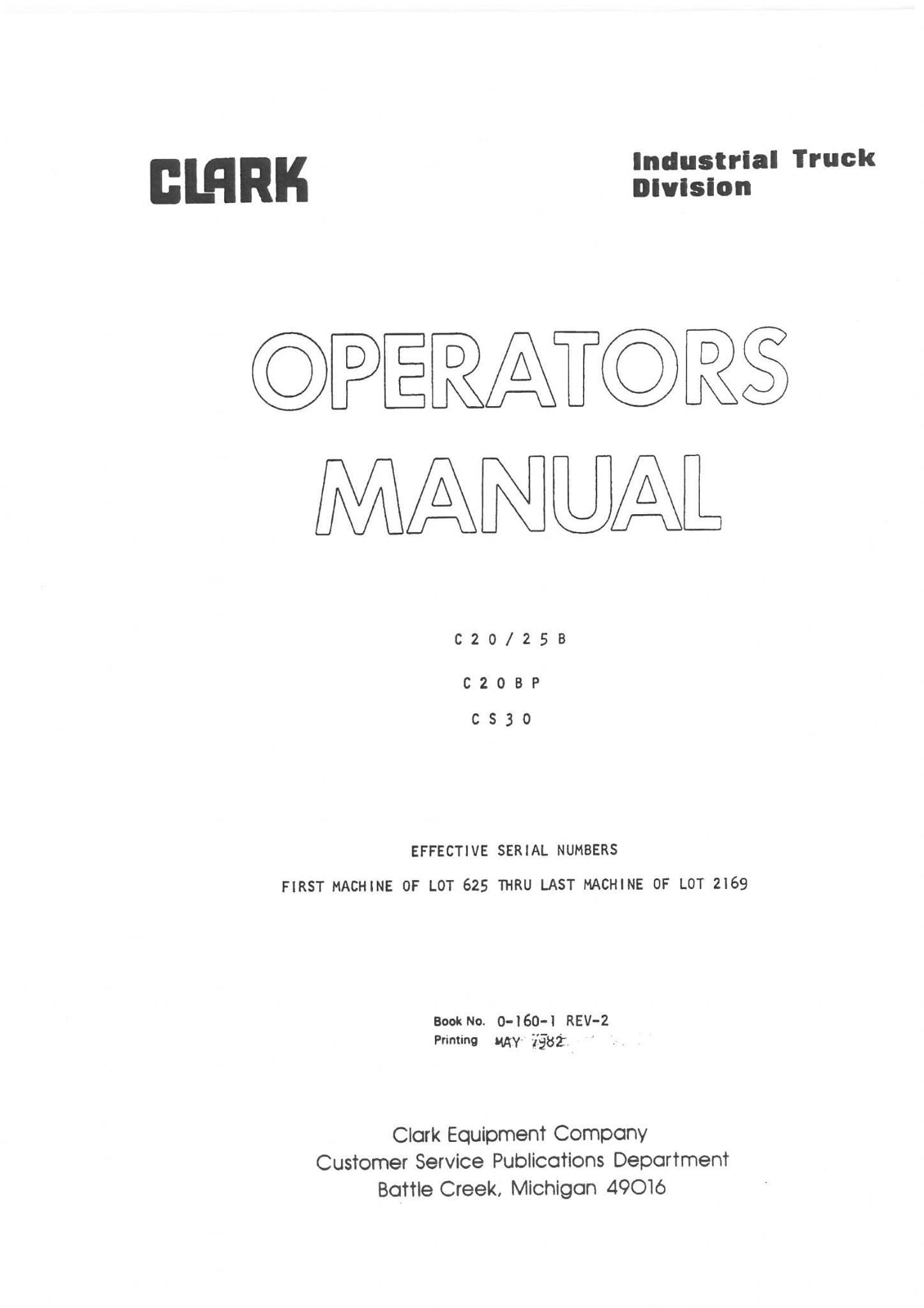 Clark Forklift C20 C25B C20BP CS30 Operators Manual