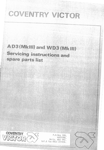Coventry Victor Engine AD3 MkIII and WD3 MkIII Operators Manual and Parts List