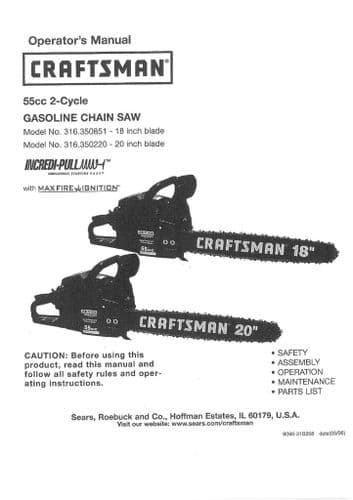 Craftsman Chainsaw 55cc 18inch 20inch Operators Manual