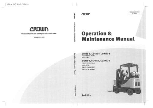 Crown Forklift Truck CD15S-5 CD18S-5 CD20SC-5 CG15S-5 CG18S-5 CG20SC-5 Operators Manual