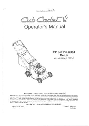 Cub Cadet 21 Inch Self Propelled Mower Model 977A & E977C Operators Manual