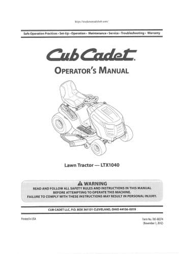 Cub Cadet Garden Tractor LTX1040 Operators Manual