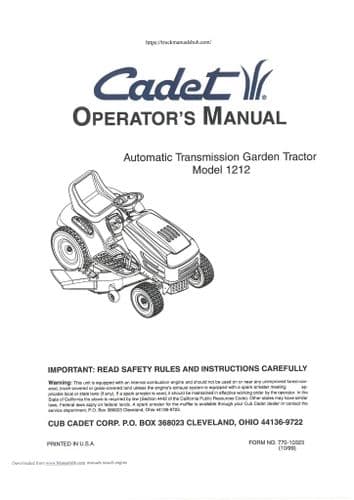 Cub cadet Garden Tractor Model 1212 Operators Manual