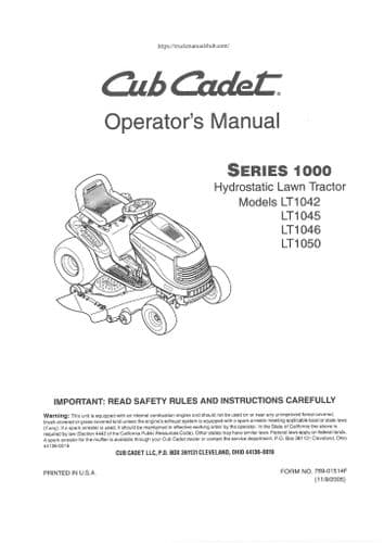 Cub Cadet Hydrostatic Lawn Tractor Model LT1042 LT1045 LT1046 LT1050 Operators Manual
