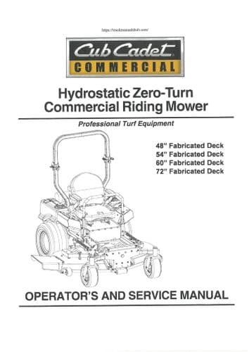Cub Cadet Hydrostatic Zero Turn Commercial Riding Mower 48in, 54in, 60in, 72in Operators Manual
