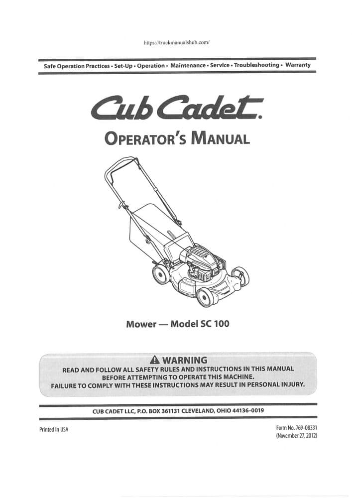 Cub Cadet Push Along Mower SC100 Operators Manual