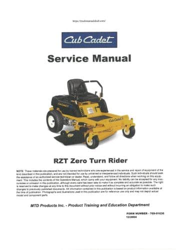 Cub Cadet Zero Turn Garden Tractor RZT50 Workshop Manual