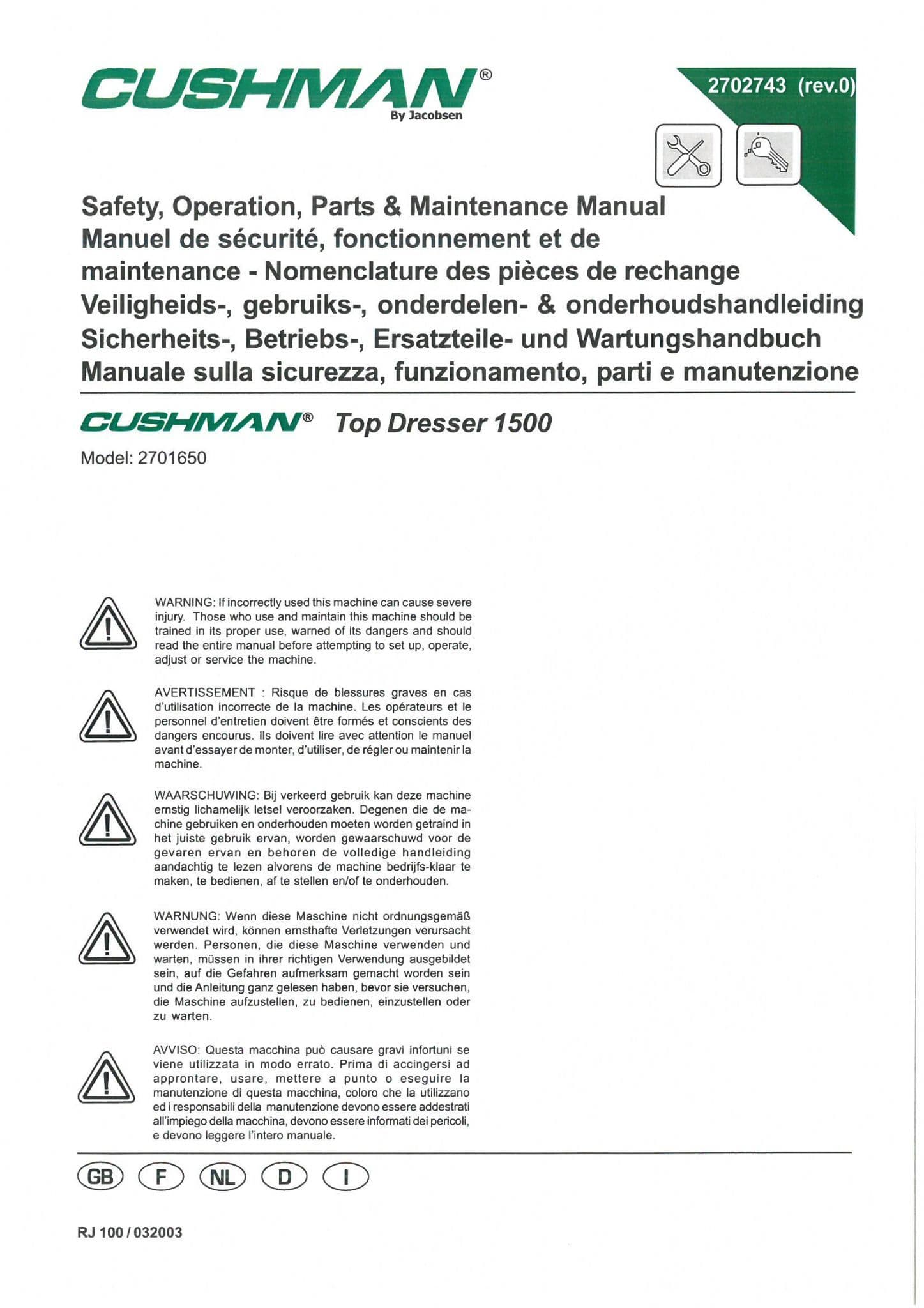 Cushman Turf Truckster Top Dresser TD1500 Operators Manual and Spare
