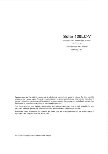 Daewoo Hydraulic Excavator Solar 130LC-V Operators Manual - 130 LC-V