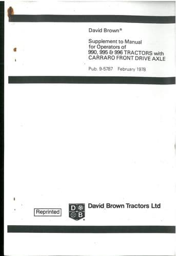 David Brown Tractor 990 995 996 Supplement To The Operators Manual