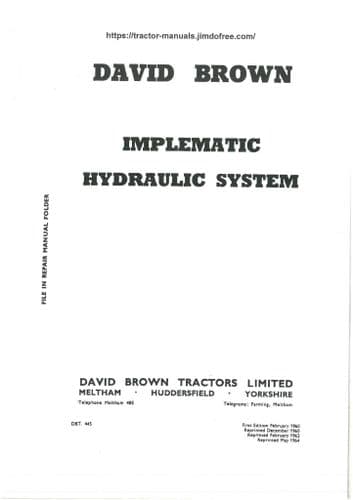 David Brown Tractor Implematic Hydraulic System Operators Manual