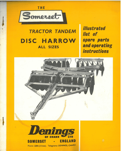 Denings of Chard Somerset Disc Harrow All sizes -  Operators Manual with Parts List