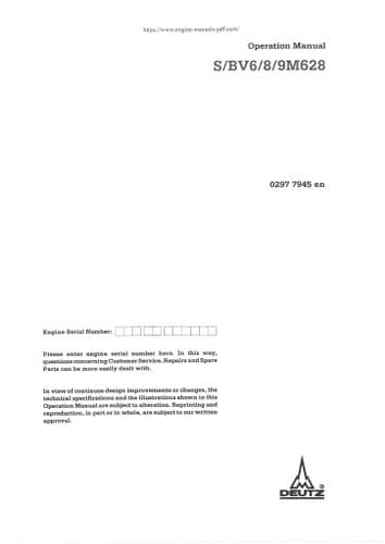 Deutz Engine S-BV6-8-9M628 Operators Manual