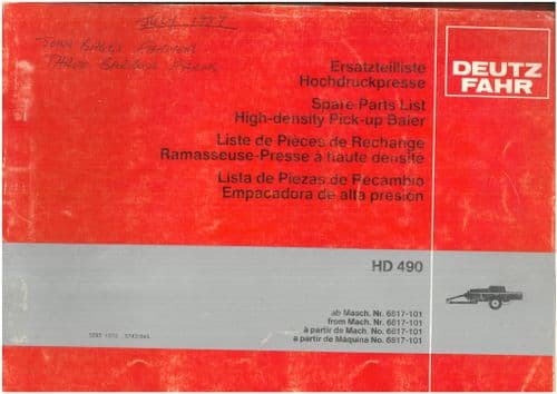 Deutz Fahr Baler HD490 Parts Manual - ORIGINAL