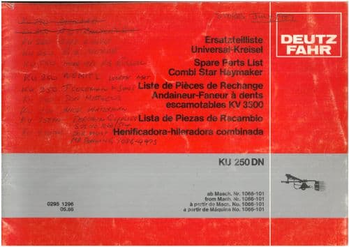 Deutz Fahr Combi Star Haymakers KU 250 DN Parts Manual - KU250DN - ORIGINAL