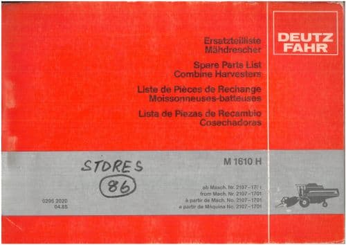 Deutz Fahr Combine Harvester M1610H Parts Manual