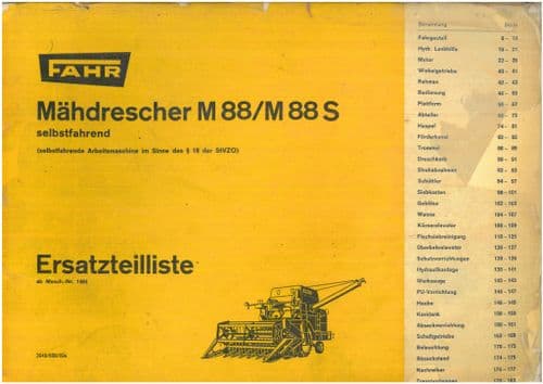 Deutz Fahr Combine Harvester M88 & M88S Parts Manual GERMAN ONLY