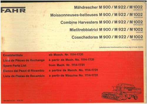 Deutz Fahr Combine Harvester M900 M922 M1002  Parts Manual - ORIGINAL