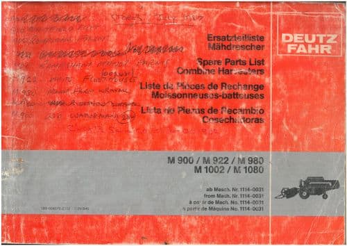 Deutz Fahr Combine Harvester M900 M922 M980 M1002 M1080 Parts Manual