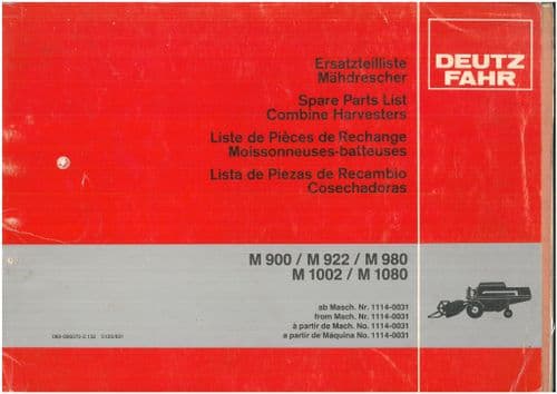 Deutz Fahr Combine Harvester M900 M922 M980 M1002 M1080 Parts Manual - ORIGINAL