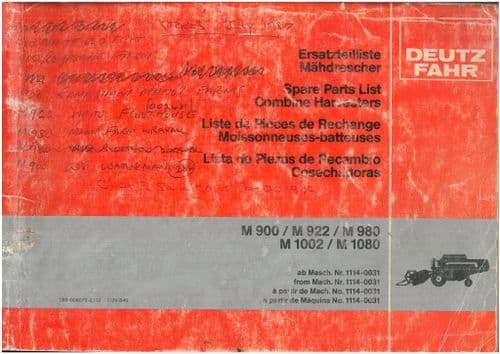 Deutz Fahr Combine Harvester M900 M922 M980 M1002 M1080 Parts Manual