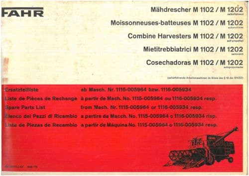 Deutz Fahr Combine M1102 & M1202 Parts Manual ORIGINAL
