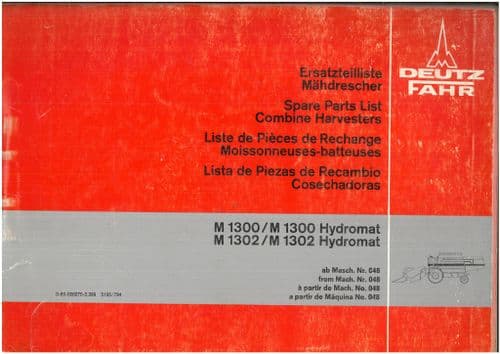 Deutz Fahr Combine M1300/Hydromat M1302/Hydromat Parts Manual ORIGINAL