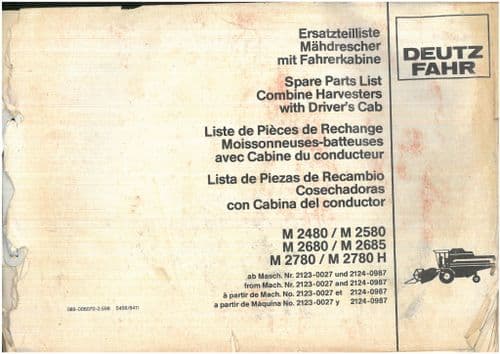 Deutz Fahr Combine M2480 M2580 M2680 M2685 M2780H Parts Manual - ORIGINAL