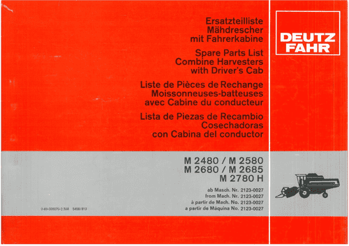 Deutz Fahr Combine M2480 M2580 M2680 M2685 M2780H Parts Manual