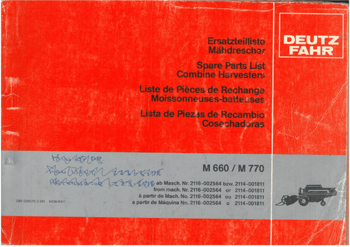 Deutz Fahr Combine M660 & M770 Parts ORIGINAL Manual