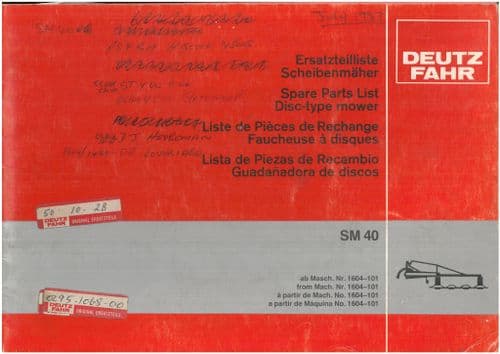 Deutz Fahr Disc Mower SM40 Parts Manual