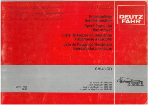Deutz Fahr Disc Mower SM40CR Parts Manual