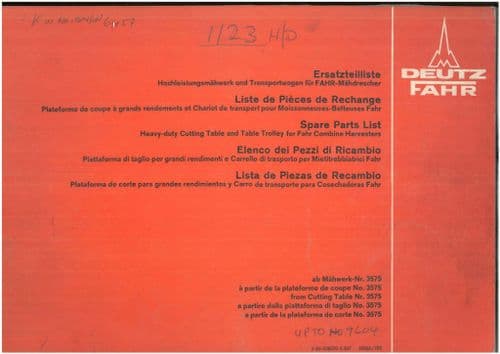 Deutz Fahr HD Cutting Table & Table Trolley No: 3575 for Combine  Harvester - Parts Manual