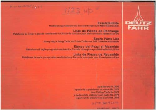 Deutz Fahr HD Cutting Table & Table Trolley No: 3575 for Combine  Harvester - Parts Manual