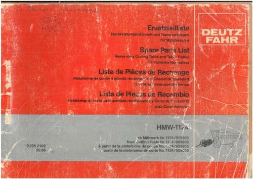 Deutz Fahr HD Cutting Table & Table Trolley No: HMW1124 for Combine  Harvester - Parts Manual