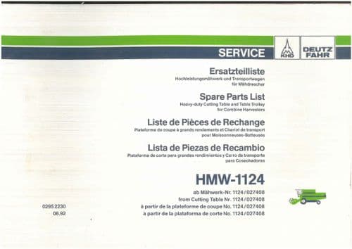 Deutz Fahr HD Cutting Table & Table Trolley No: HMW1124 for Combine  Harvester - Parts Manual ORIG