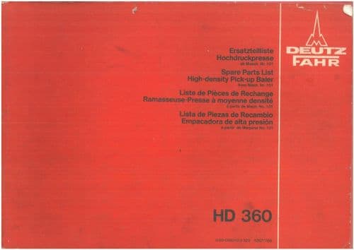 Deutz Fahr High Densiy Pickup Baler HD360 Parts Manual