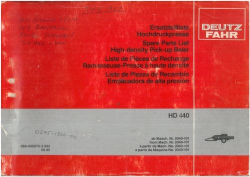 Deutz Fahr High Densiy Pickup Baler HD440 Parts Manual