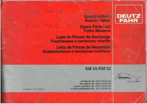 Deutz Fahr KM20 & KM22 Turbo Mower Parts Manual