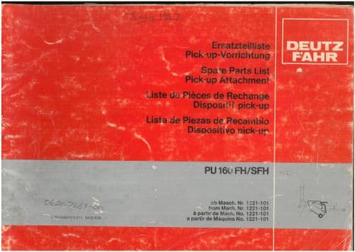 Deutz Fahr Pickup Attachment PU160 SFH/FH Parts Manual
