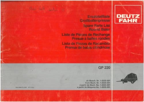 Deutz Fahr Round Baler GP220  Parts Manual - ORIGINAL