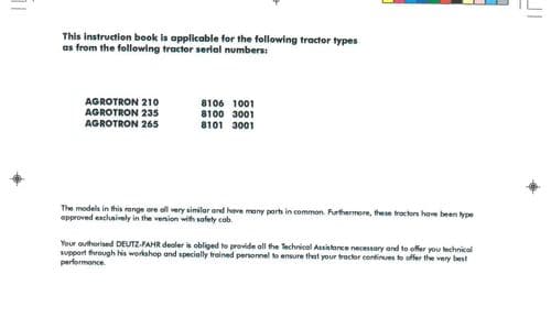 Deutz Fahr Tractor Agrotron 210 235 & 265 Operators Manual