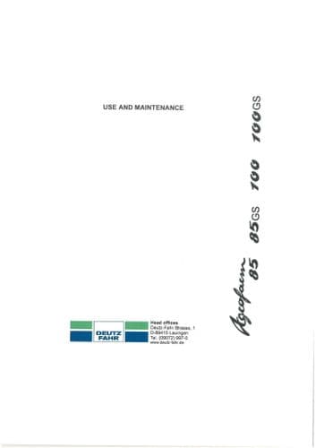 Deutz Fahr Tractor Agrotron 85, 85GS, 100 & 100GS Operators Manual