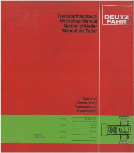 Deutz Fahr Tractor DX80, DX86, DX92 Powertrain Transmission TW901, TW902 Workshop Manual ORIGINAL