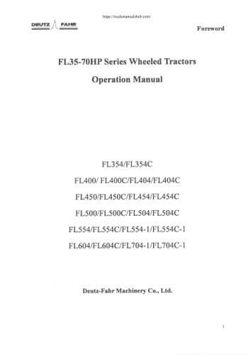 Deutz Fahr Tractor FL35-70HP Series FL500 FL500C FL504 FL504C FL554 FL554C FL554-1 Operators Manual