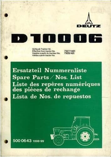 Deutz Tractor D10006 Parts Manual - D100 06
