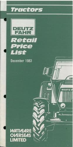 Deutz Tractor Price List - Dated December 1983