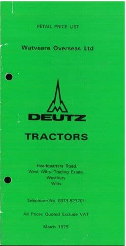 Deutz Tractor Price List - March 1975